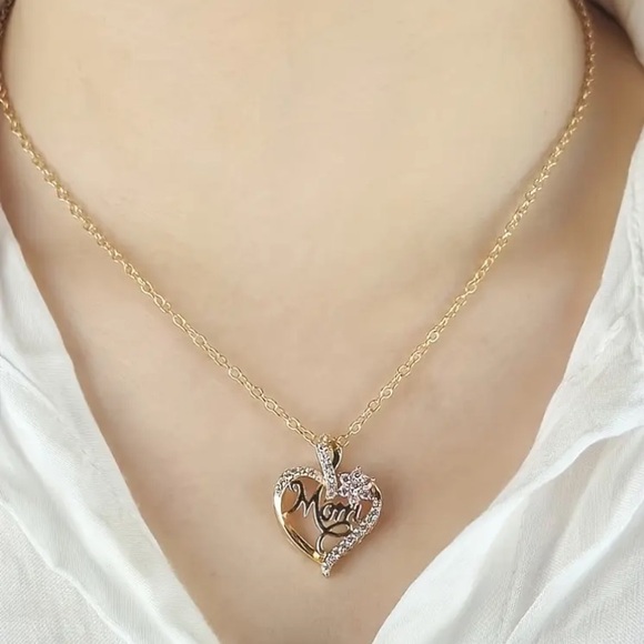 Mom Heart Gold Toned Diamond Flower Necklace - Picture 3 of 5